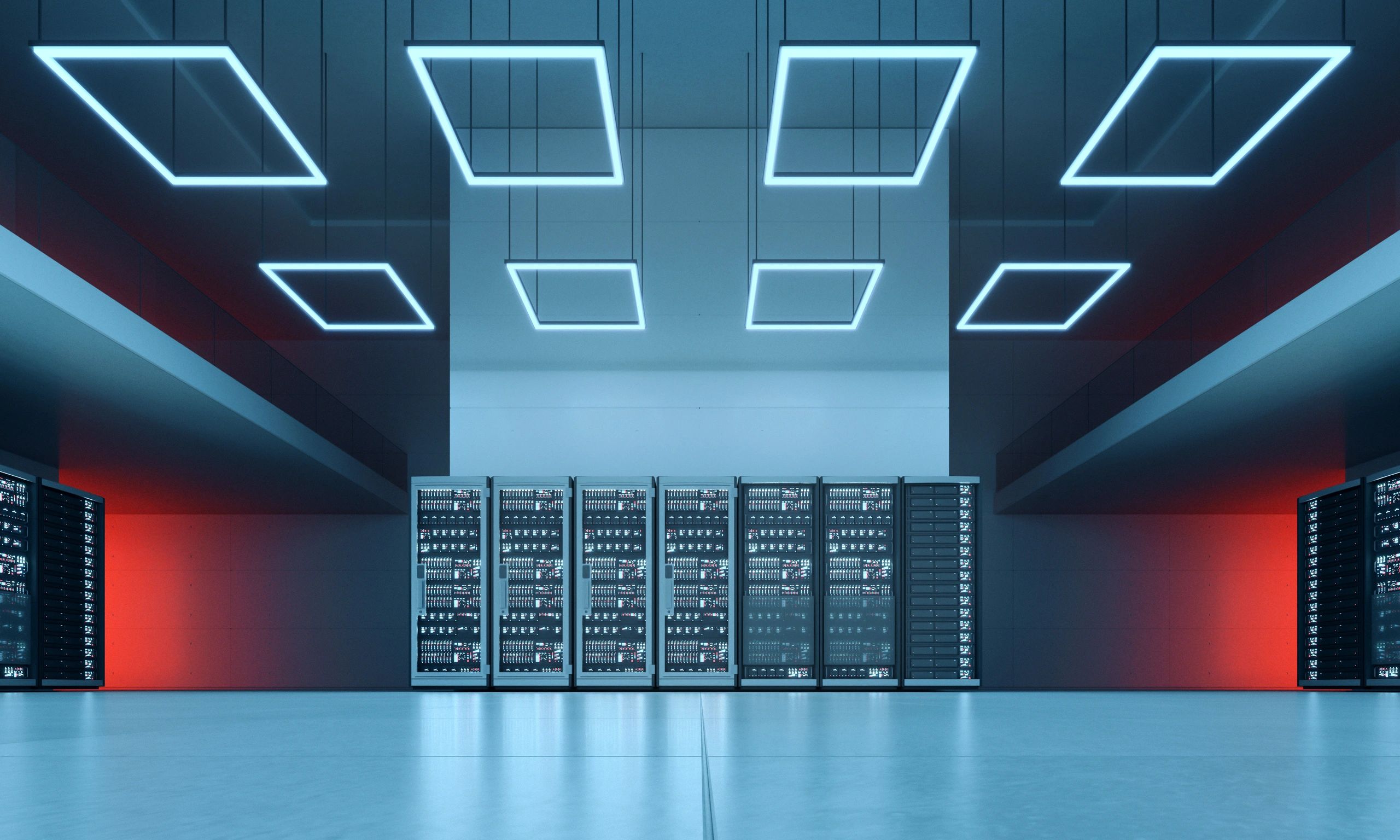 Futuristic server environment representing connected commerce systems